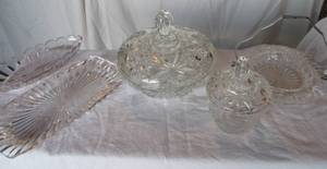 lot 76 image: Star of David Candy Dish and Sugar Bowl with Lids and Misc Glass Dishes As Shown