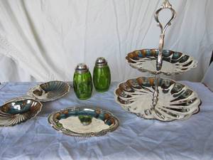 lot 86 image: Silver Plated Serving Items with Vintage Emerald Green Salt and Pepper Shakers