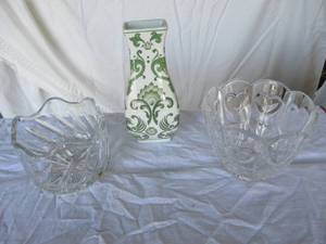 lot 87 image: Mikasa Crystal Bowls and Decorative Green Pattern Vase