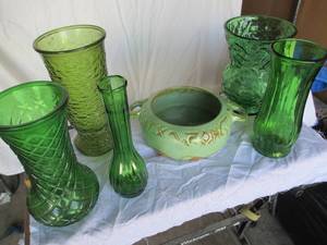 lot 94 image: Vintage Green Vases in Styles as Shown and Frankhoma Serving Bowl