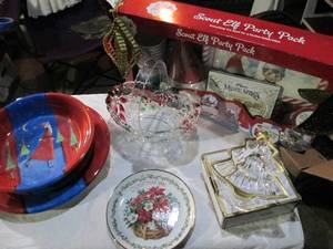 lot 160 image: Misc. Christmas items, Mikasa tree shaped nut bowl with gold trim, Mikasa clear glass Basket shaped bowl with colored Poinsettes