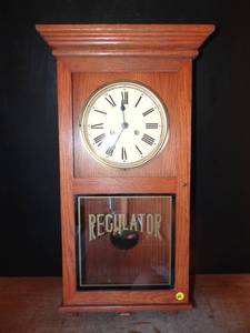 lot 42 image: REGULATOR WOOD CLOCK WITH PENDULUM - MISSING FACE BEZEL