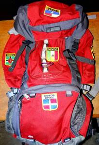 lot 117 image: REI OVERSIZED BACKPACK - RED W WORLD PATCHES