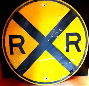 lot 220 image: JUST COOL - ORIGINAL 35 RAILROAD CROSSING METAL SIGN