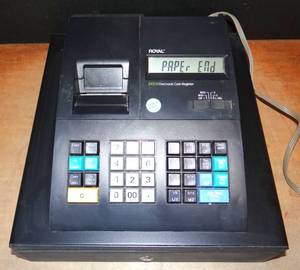 lot 221 image: Royal 210DX Cash Register (24 dept., 1500 PLU) POWERS ON - PAPER END ERROR CODE $$$