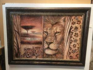 lot 90 image: Framed artwork African themed - Lion