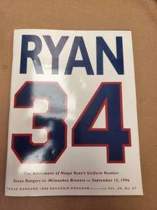 lot 7 image: Texas Rangers 1996 Souvenir Program - Nolan Ryans number is retired - with game tickets