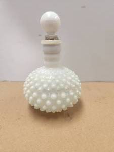 lot 99 image: Vintage hobnail milk glass perfume bottle