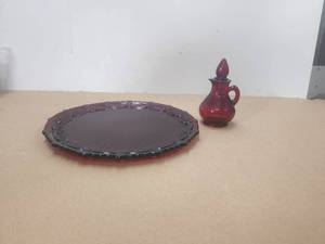 lot 103 image: Vintage Red glass platter and perfume bottle by Avon