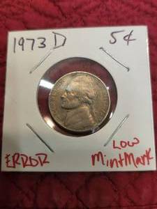 lot 22 image: 1973-D nickel with error - low mint mark
