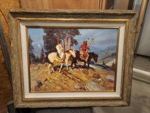 lot 33 image: Original Painting Two Indians wbaby and horse by Gary Kapp - 33 by 41 - Very High-end paintings