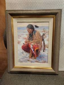 lot 130 image: Original Painting Indian Squatting wpeace pipe by Gary Kapp - 15by18 - Very High-end paintings