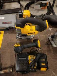 lot 239 image: Dewalt 20v tools - flashlight, impact driver, and jig saw with charger and 2 batteries
