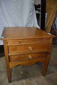 lot 15 image: Distressed Wood Side Table by Drexel Studio with Pull-out Tray and 2 Drawers