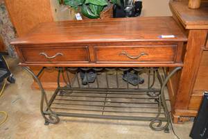 lot 19 image: Wood and Iron Bar Table with 2 Drawers and Bottom Rack