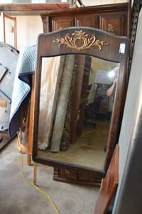 lot 28 image: Vintage Dresser with Wheels 75W x 19.5D x 30.5H and Mirror 32W x 52H