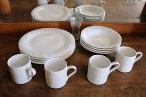 lot 53 image: 4-Person Place Setting of Dishes by Gibson Plus Small Crystal Vase