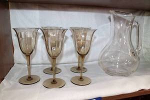 lot 54 image: Set of 5 Smoked Glass Goblets and Clear Glass Pitcher