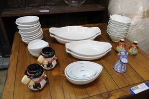 lot 57 image: Chantal White Dishes, Bowls and Nesting Measuring Cups, Snowmen Salt and Pepper Shakers, Japan Tiny Bottles