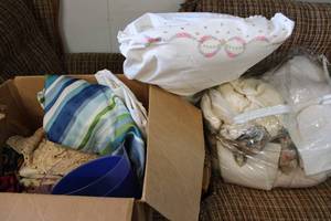 lot 59 image: Linens, Sheets, shower curtain and Pillow with Embroidered Pillowcase