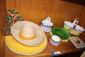 lot 81 image: Ceramic Sombrero Chips and Dip Server, Chili Ceramic Hot Plate, Ceramic Basket and More