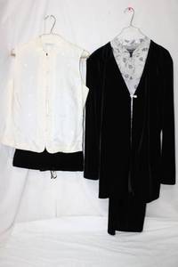 lot 90 image: Ann Taylor Beaded Sleeveless Silk Top Size 10 with Velvet Pants Size 12, and Harold Powell Silver Sleeveless Top with Velvet Pants and Jacket, see pictures