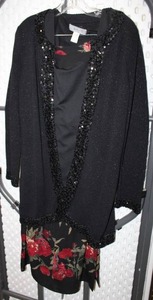 lot 98 image: BirchHill Top with Red Floral Skirt and Dana Buchman Cardigan Sweater with Sequin Trim Size M