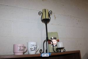 lot 42 image: Iron Candle Holders, Candle Warmer and Coffee Mugs