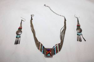 lot 111 image: Sterling silver multi strand liquid bead and multi gemstone necklace and matching dangle earring set