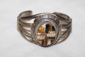 lot 127 image: Sterling silver artisan crafted and signed multi gemstone cuff bracelet.