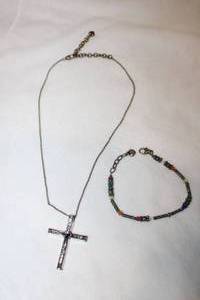 lot 138 image: Signed Brighton jewelry. Includes a 7L bracelet with Brighton signature heart charm and a crystal concave cross on an 18 chain w extender (has Brighton signature heart on extender).