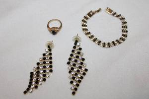 lot 177 image: Midnight blue and white crystal jewelry. Includes 7 bracelet, earrings and ring (size 7.5)