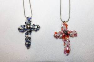 lot 137 image: (2) Sterling silver 18L omega chains (marked 925) with artisan crafted wire wrapped cross pendants