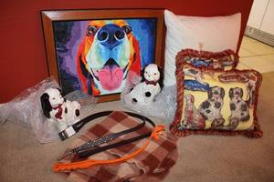 lot 24 image: Dog Lot  Ceramic Dog Figurines, Wall Art, Pillows, Jeweled Leather Leash(still with Tag) and More