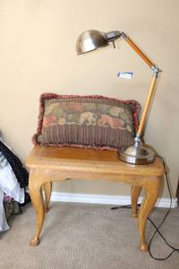 lot 26 image: Wooden Side Table with Cabriole Legs, Table Lamp and Fringed Pillow