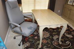 lot 45 image: Computer Desk with Cabriole Legs and Cushioned Rolling Office Chair as shown  (table - 49W x 30D x 29H)