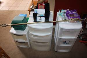lot 25 image: Plastic Storage Drawer Containers, Curtain Rod, Metal Paper Sorter, Coin Wrappers and More