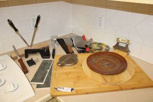 lot 51 image: Wooden Cutting Board, Meat Mallet, Food Slicers and Cleavers, Knife Sharpeners