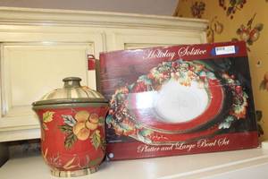 lot 55 image: Holiday Solstice Platter and Large Bowl Set Plus Lidded Cannister