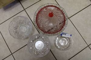 lot 57 image: Cut Glass Crystal Bowls and Platter and Food Dome Cover, smallest bowl is plastic
