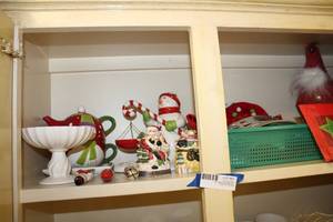 lot 61 image: Christmas Decorative Dishes and Salt and Pepper Shaker, Wine Bottle Covers