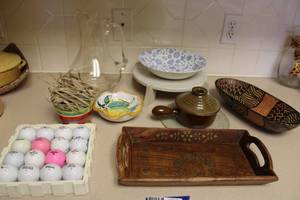 lot 65 image: Misc. Lot Golf Bowl Trivet, Brass Inlay Wooden Tray, Glass Pitcher and More
