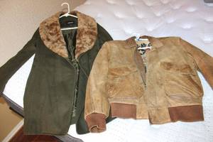 lot 71 image: Mens Leather Bomber Jacket and Womens Jacket with Faux Fur Lapel Size 4