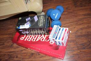 lot 76 image: Game Lot Scrabble, Automatic Card Shuffler, Card Decks, Pair of 5Lb. Weights