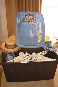 lot 171 image: Plastic Storage Tub, Clothes Hangers, Straw Hat and More