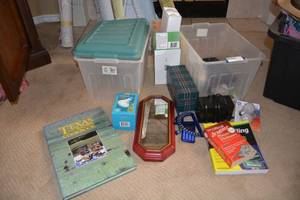 lot 172 image: Misc. Lot Plastic Tubs, Texas Cookbook, Lightbulbs and More