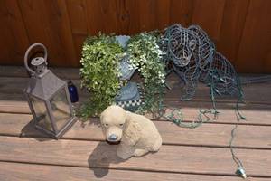 lot 166 image: Garden Decorations Dog Statue, Wire Dog with Lights, Planter and Lantern