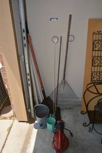lot 161 image: Garden Tools Toro Leaf Blower, Watering Cans, Shovel, Rake