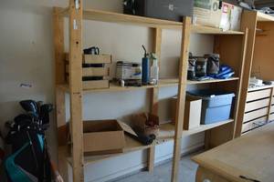 lot 144 image: Garage Wooden 3-Shelf Unit (Contents not included - bring tools mostly phillips head)