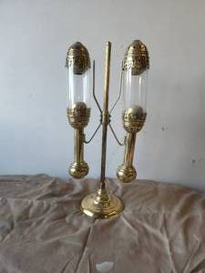 lot 35 image: Vintage brass railroad passenger car double wall sconce oil lamps with stand
